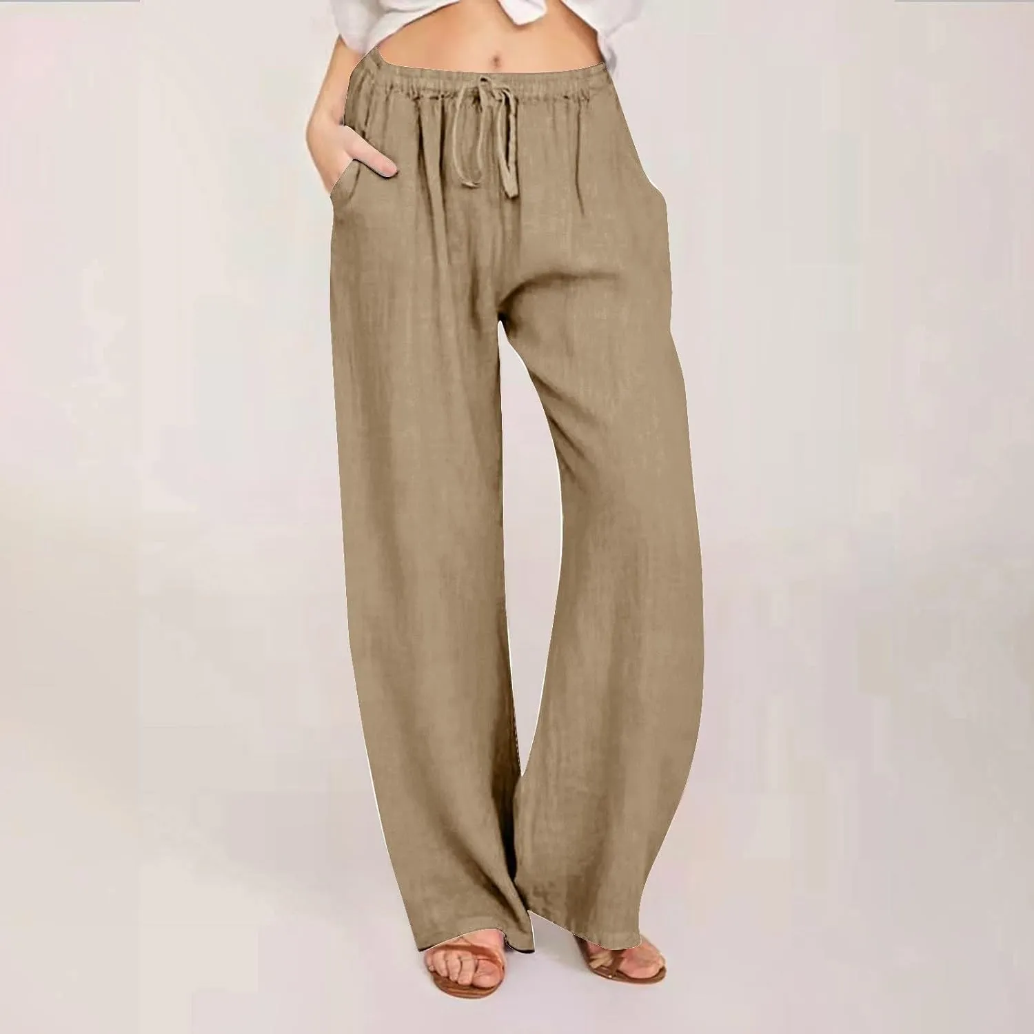 Wide Leg Linen Pants for Women Summer Casual Palazzo Pants Drawstring Lightweight Flowy Boho Beach Pants with Pockets