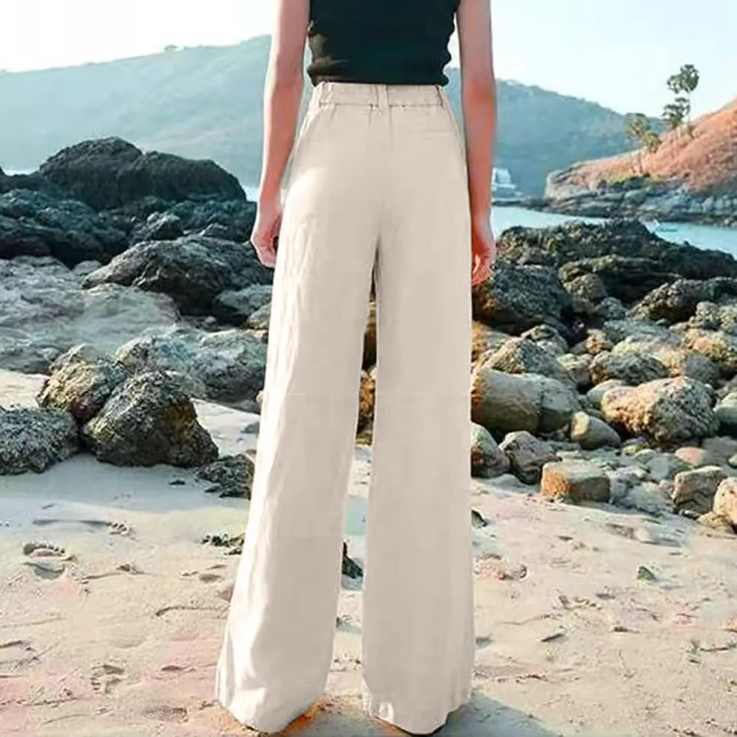 Wide Leg Linen Pants for Women Summer High Waist Loose Breathable Casual Pants Resort Wear Lightweight Skinny Trousers
