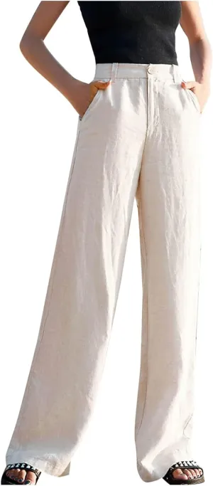 Wide Leg Linen Pants for Women Summer High Waist Loose Breathable Casual Pants Resort Wear Lightweight Skinny Trousers