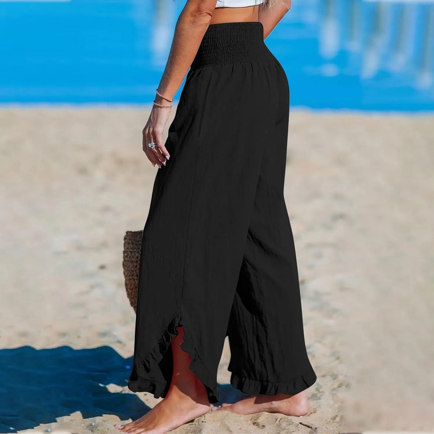 Wide Leg Linen Pants Womens Smocked High Waisted Ruffle Hem Palazzo Pants 2025 Summer Boho Beach Travel Vacation Pant