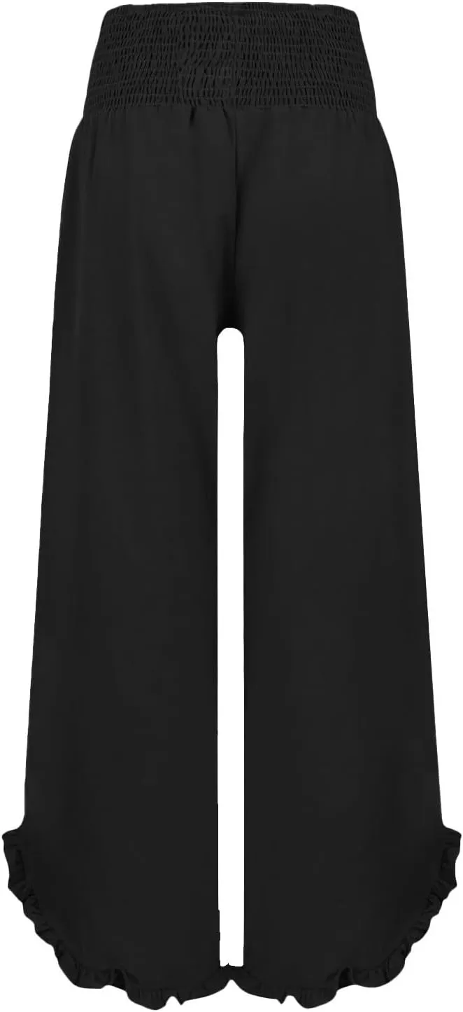 Wide Leg Linen Pants Womens Smocked High Waisted Ruffle Hem Palazzo Pants 2025 Summer Boho Beach Travel Vacation Pant