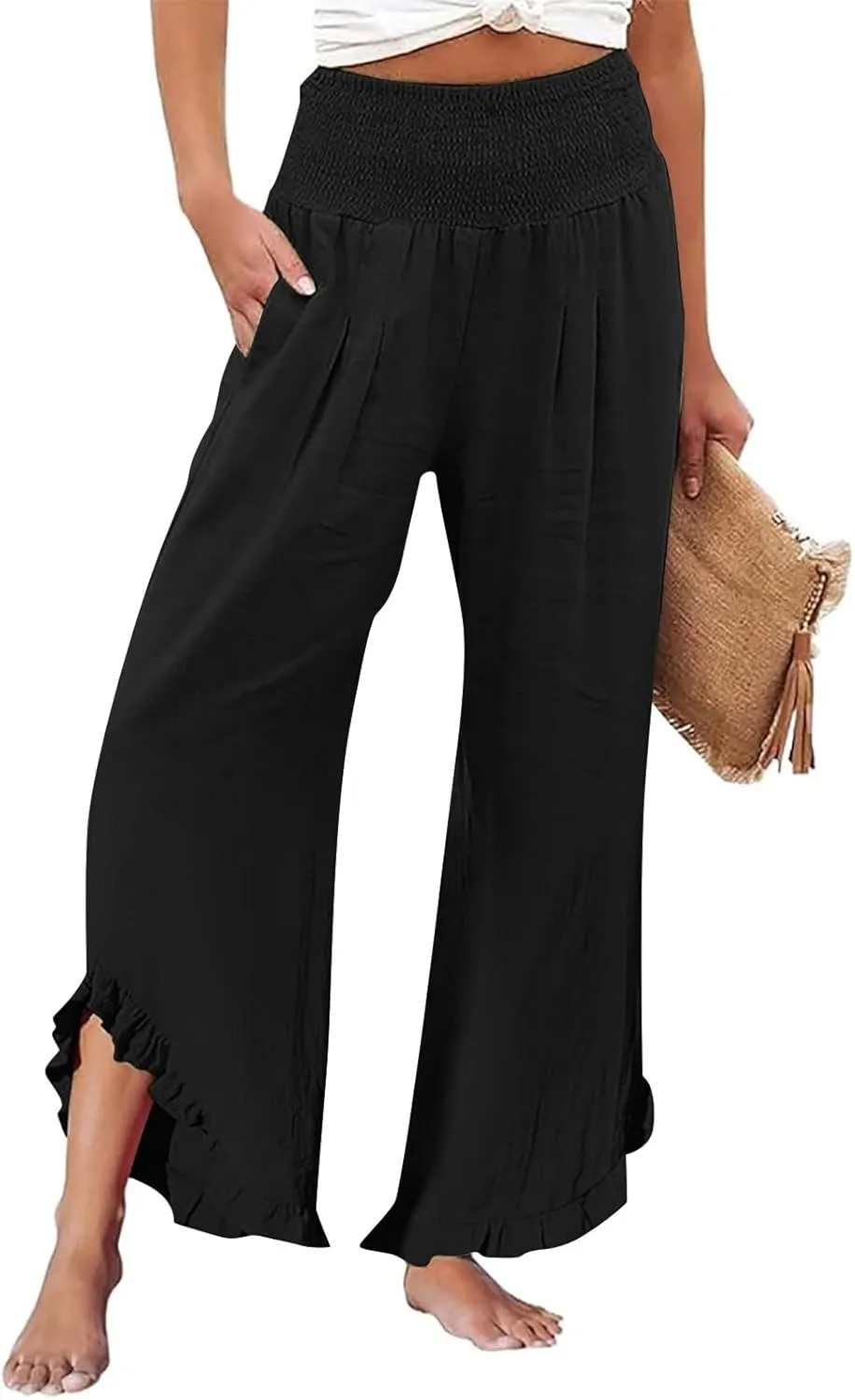 Wide Leg Linen Pants Womens Smocked High Waisted Ruffle Hem Palazzo Pants 2025 Summer Boho Beach Travel Vacation Pant