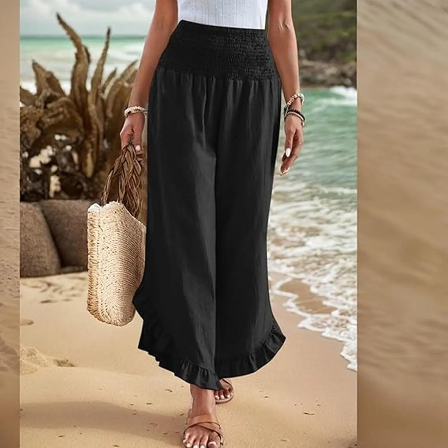 Wide Leg Linen Pants Womens Smocked High Waisted Ruffle Hem Palazzo Pants 2025 Summer Boho Beach Travel Vacation Pant
