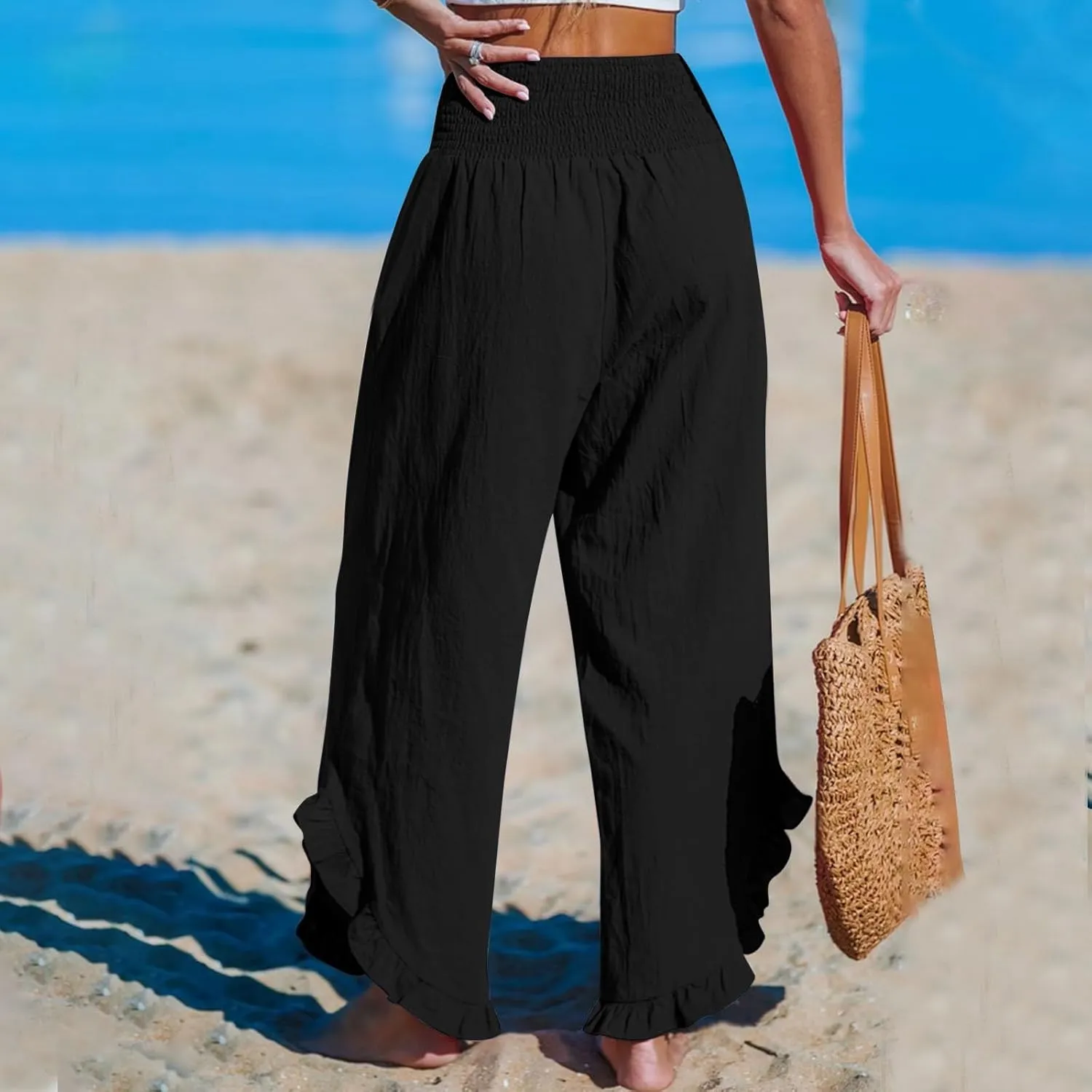 Wide Leg Linen Pants Womens Smocked High Waisted Ruffle Hem Palazzo Pants 2025 Summer Boho Beach Travel Vacation Pant