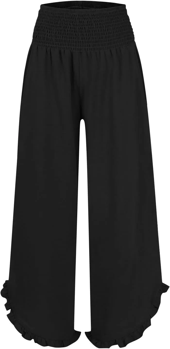 Wide Leg Linen Pants Womens Smocked High Waisted Ruffle Hem Palazzo Pants 2025 Summer Boho Beach Travel Vacation Pant