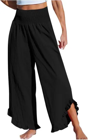 Wide Leg Linen Pants Womens Smocked High Waisted Ruffle Hem Palazzo Pants 2025 Summer Boho Beach Travel Vacation Pant