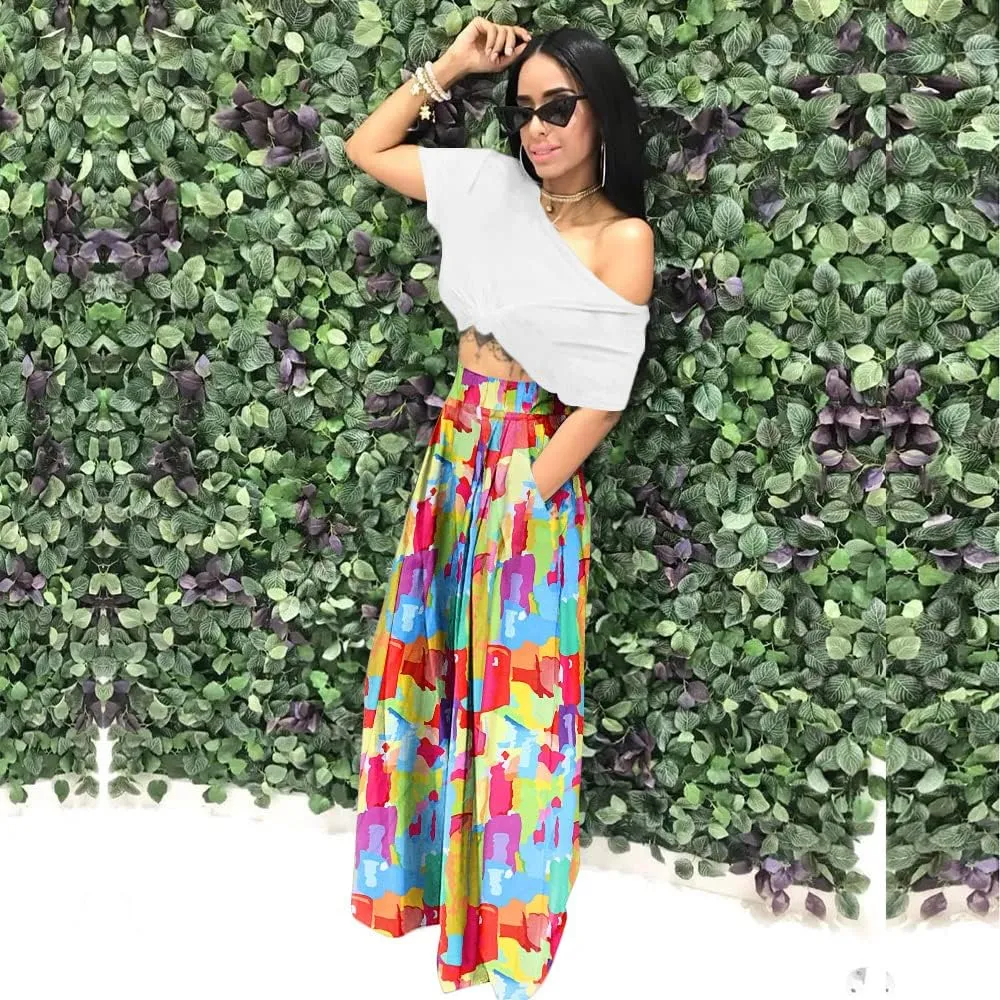 Wide Leg Pants for Women Casual Colorful Printed High Waist Palazzo Lounge Pants Loose Fit Trousers with Pockets
