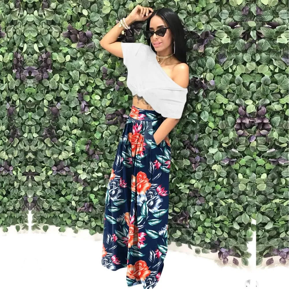 Wide Leg Pants for Women Casual Colorful Printed High Waist Palazzo Lounge Pants Loose Fit Trousers with Pockets