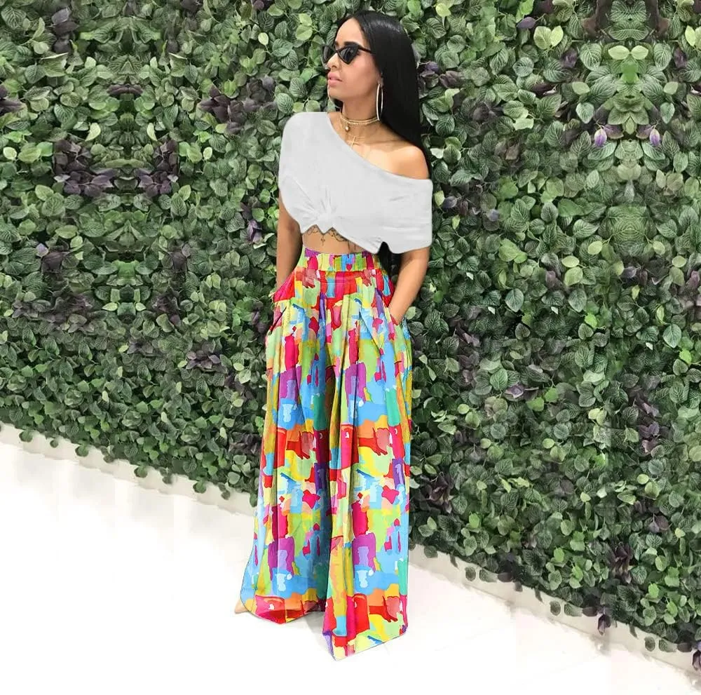 Wide Leg Pants for Women Casual Colorful Printed High Waist Palazzo Lounge Pants Loose Fit Trousers with Pockets