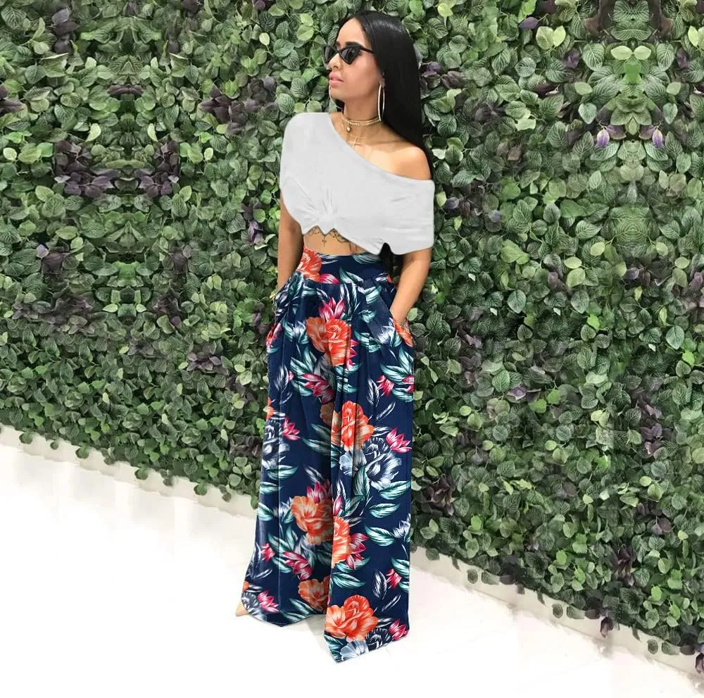 Wide Leg Pants for Women Casual Colorful Printed High Waist Palazzo Lounge Pants Loose Fit Trousers with Pockets