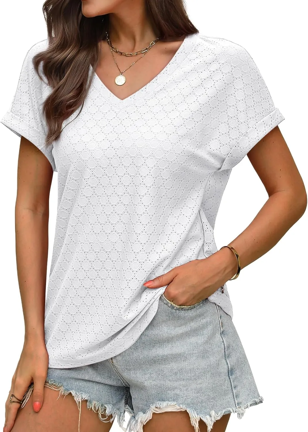 WIHOLL Womens Tops Short Sleeve Basic Summer V Neck T Shirts Dressy Casual Loose Fit Eyelet Tees Cute Flowy Fashion Outfits