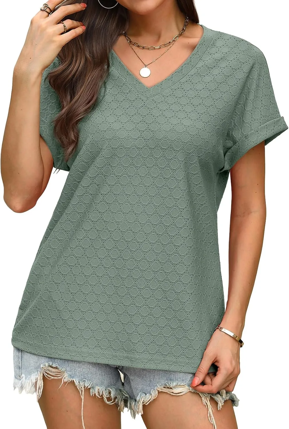 WIHOLL Womens Tops Short Sleeve Basic Summer V Neck T Shirts Dressy Casual Loose Fit Eyelet Tees Cute Flowy Fashion Outfits