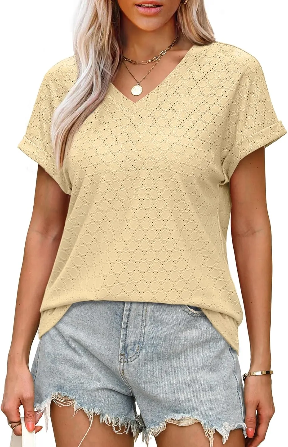 WIHOLL Womens Tops Short Sleeve Basic Summer V Neck T Shirts Dressy Casual Loose Fit Eyelet Tees Cute Flowy Fashion Outfits