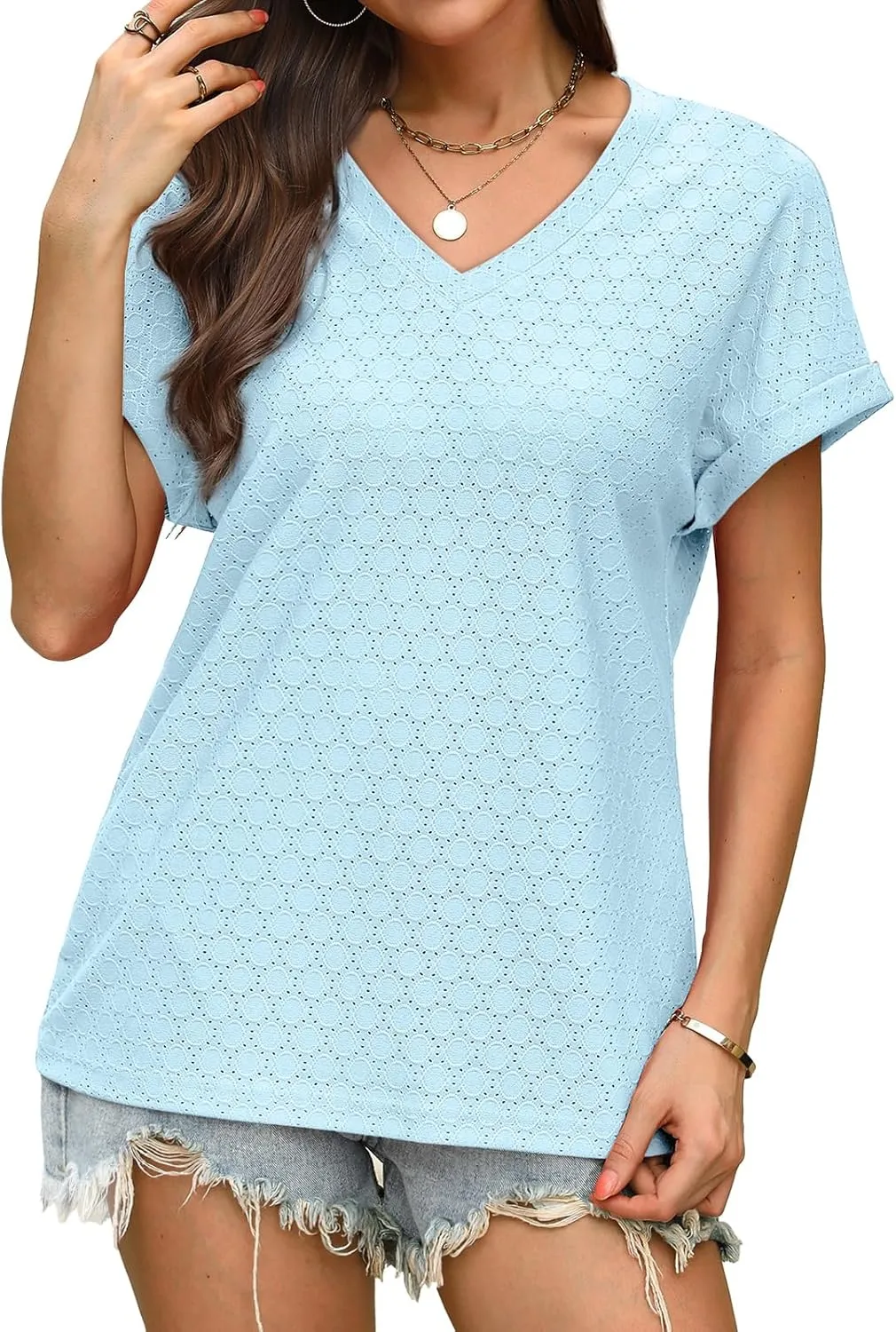 WIHOLL Womens Tops Short Sleeve Basic Summer V Neck T Shirts Dressy Casual Loose Fit Eyelet Tees Cute Flowy Fashion Outfits