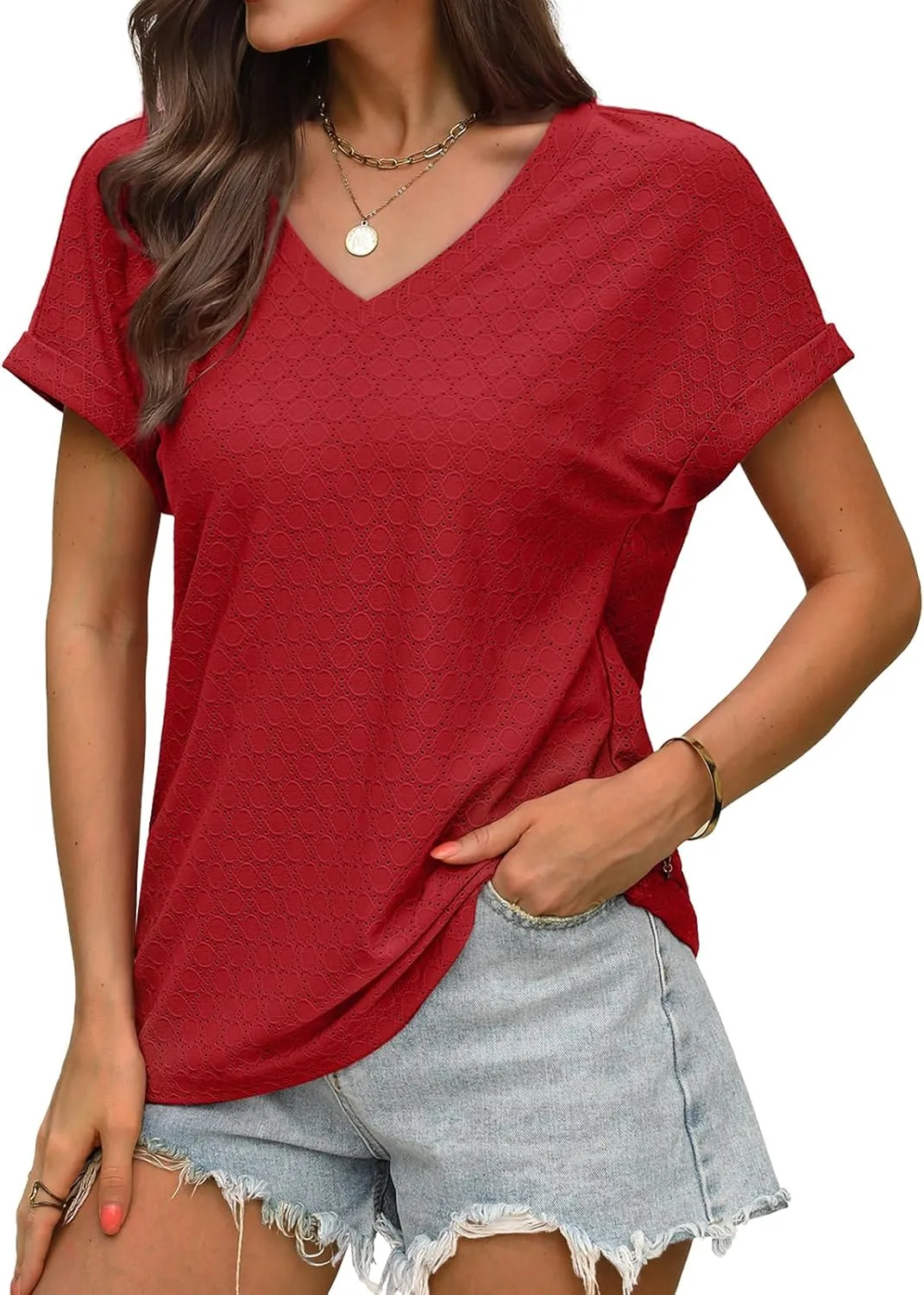 WIHOLL Womens Tops Short Sleeve Basic Summer V Neck T Shirts Dressy Casual Loose Fit Eyelet Tees Cute Flowy Fashion Outfits
