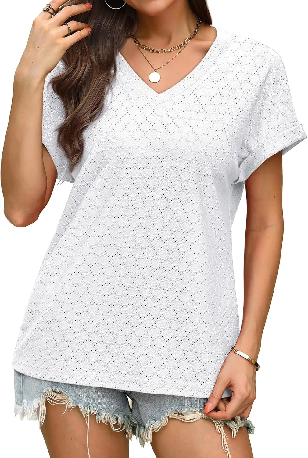 WIHOLL Womens Tops Short Sleeve Basic Summer V Neck T Shirts Dressy Casual Loose Fit Eyelet Tees Cute Flowy Fashion Outfits