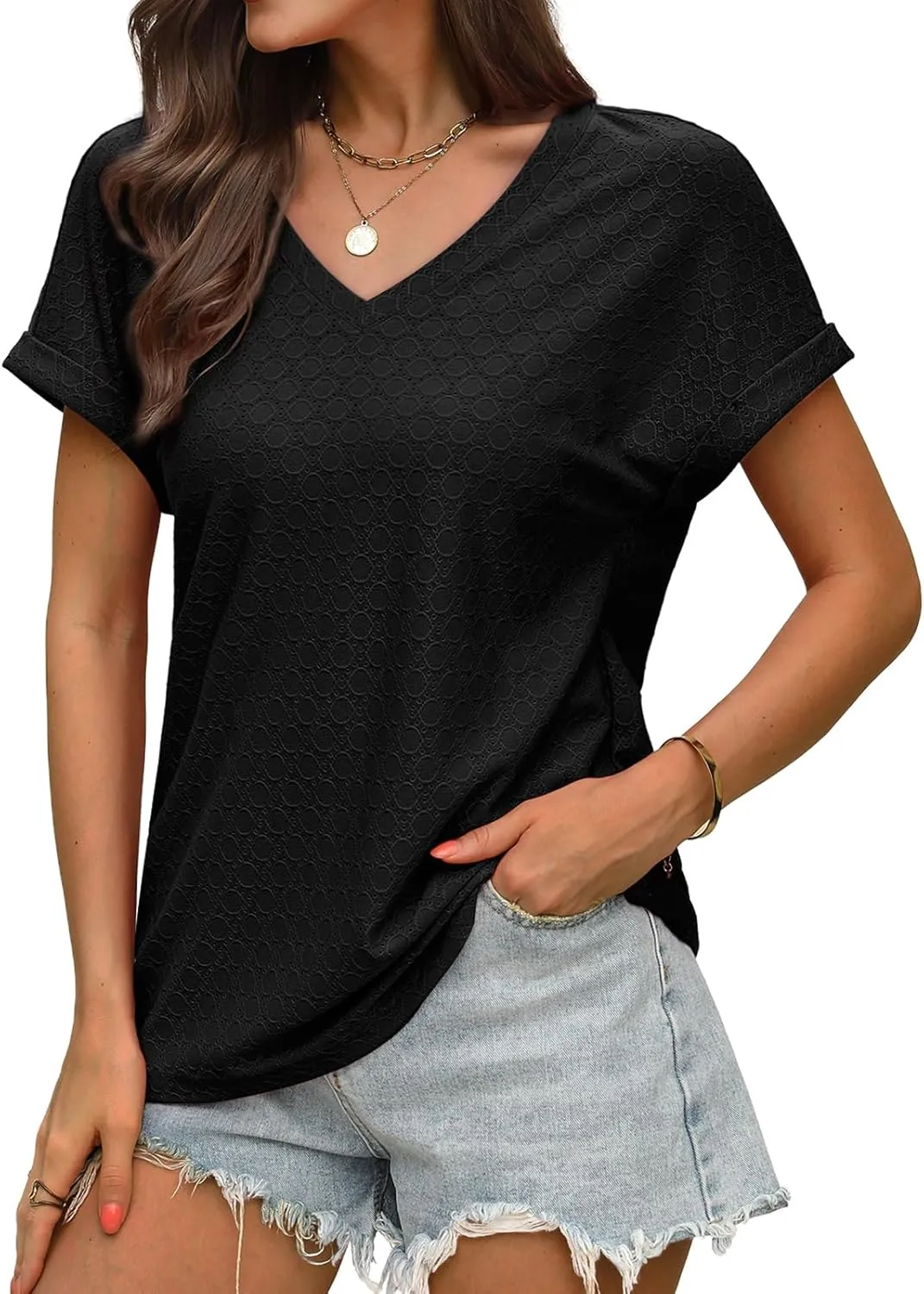 WIHOLL Womens Tops Short Sleeve Basic Summer V Neck T Shirts Dressy Casual Loose Fit Eyelet Tees Cute Flowy Fashion Outfits