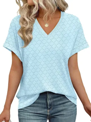 WIHOLL Womens Tops Short Sleeve Basic Summer V Neck T Shirts Dressy Casual Loose Fit Eyelet Tees Cute Flowy Fashion Outfits