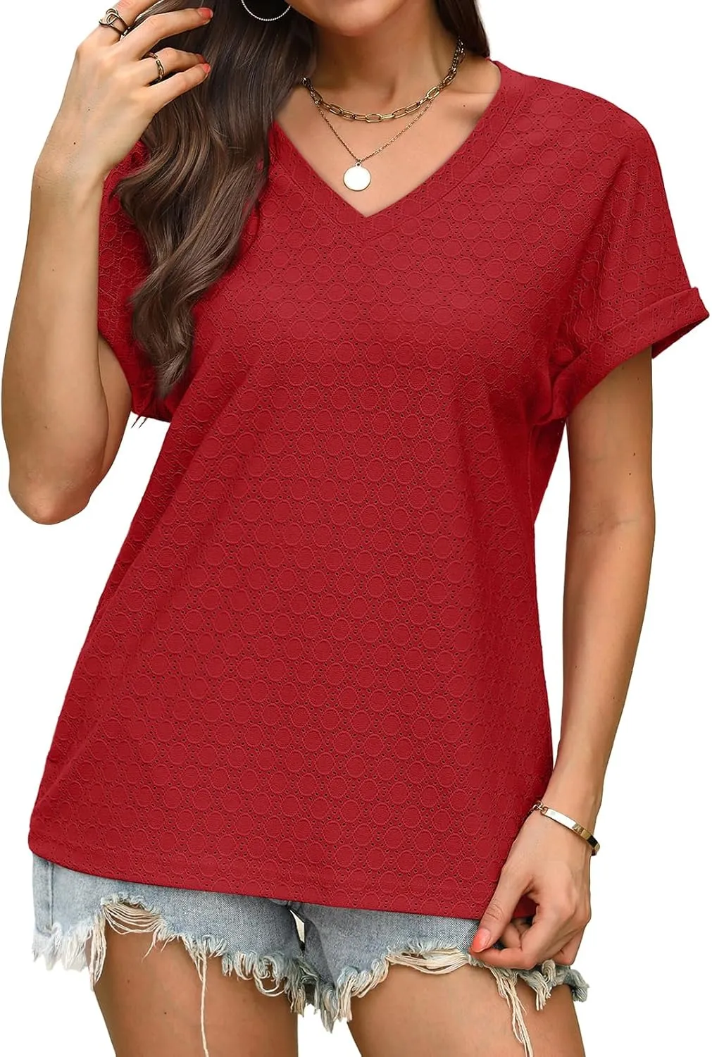 WIHOLL Womens Tops Short Sleeve Basic Summer V Neck T Shirts Dressy Casual Loose Fit Eyelet Tees Cute Flowy Fashion Outfits