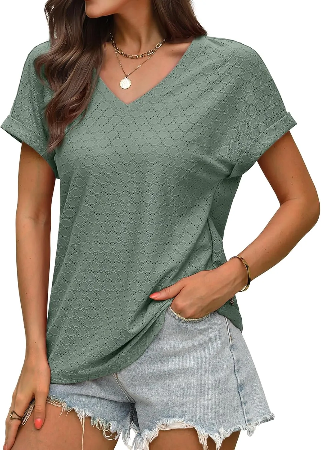 WIHOLL Womens Tops Short Sleeve Basic Summer V Neck T Shirts Dressy Casual Loose Fit Eyelet Tees Cute Flowy Fashion Outfits