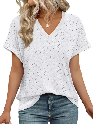 WIHOLL Womens Tops Short Sleeve Basic Summer V Neck T Shirts Dressy Casual Loose Fit Eyelet Tees Cute Flowy Fashion Outfits
