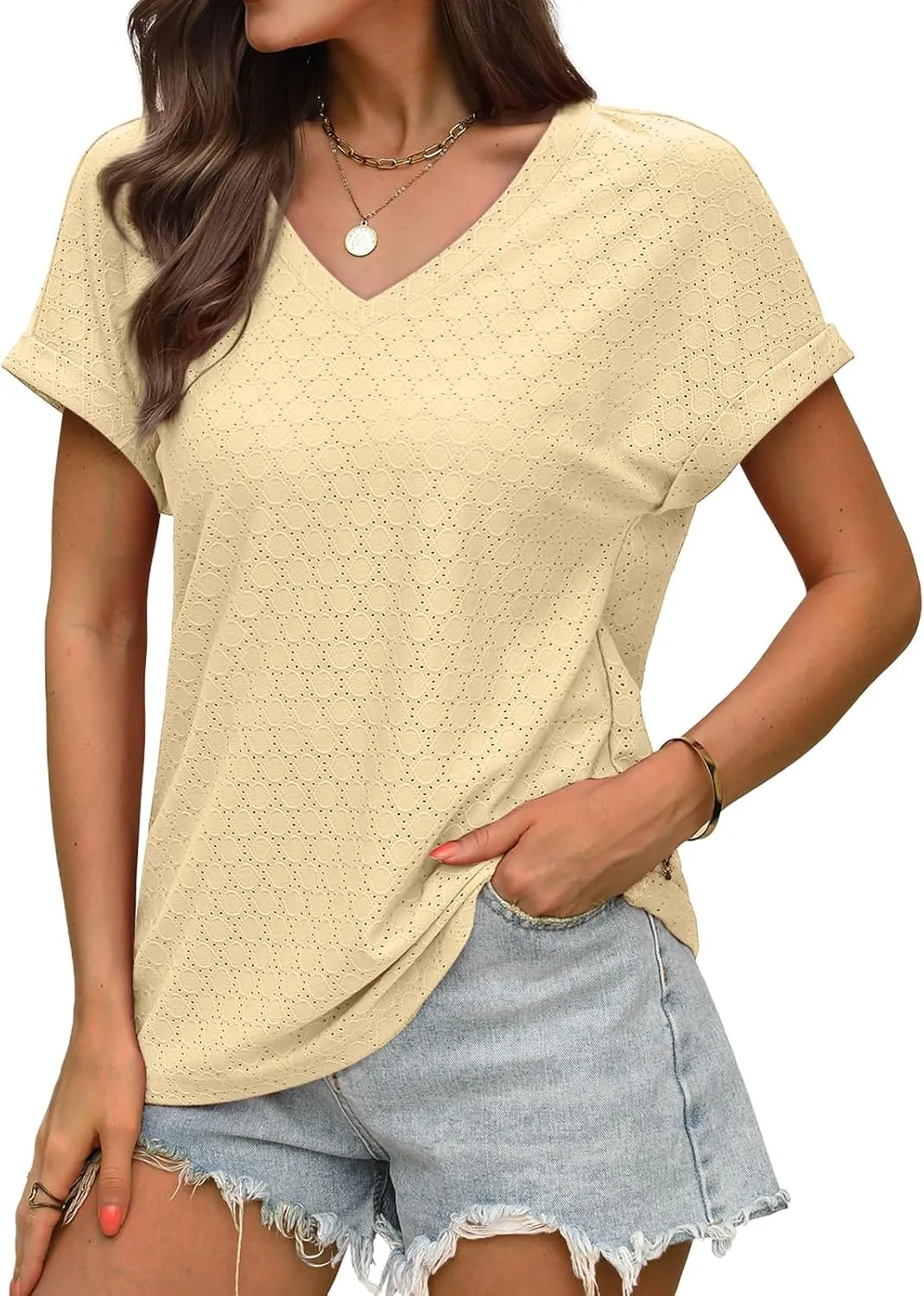 WIHOLL Womens Tops Short Sleeve Basic Summer V Neck T Shirts Dressy Casual Loose Fit Eyelet Tees Cute Flowy Fashion Outfits