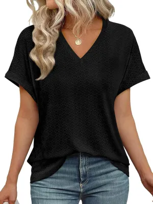 WIHOLL Womens Tops Short Sleeve Basic Summer V Neck T Shirts Dressy Casual Loose Fit Eyelet Tees Cute Flowy Fashion Outfits