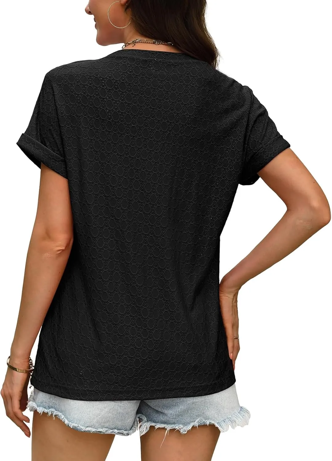 WIHOLL Womens Tops Short Sleeve Basic Summer V Neck T Shirts Dressy Casual Loose Fit Eyelet Tees Cute Flowy Fashion Outfits