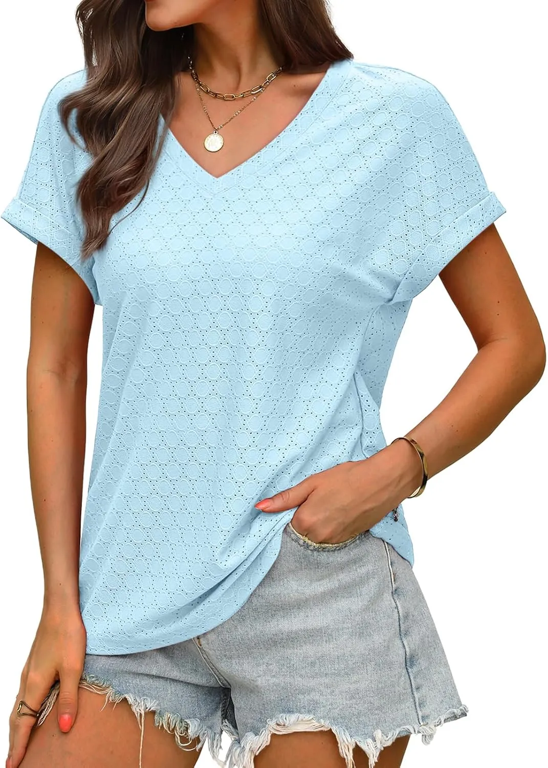 WIHOLL Womens Tops Short Sleeve Basic Summer V Neck T Shirts Dressy Casual Loose Fit Eyelet Tees Cute Flowy Fashion Outfits