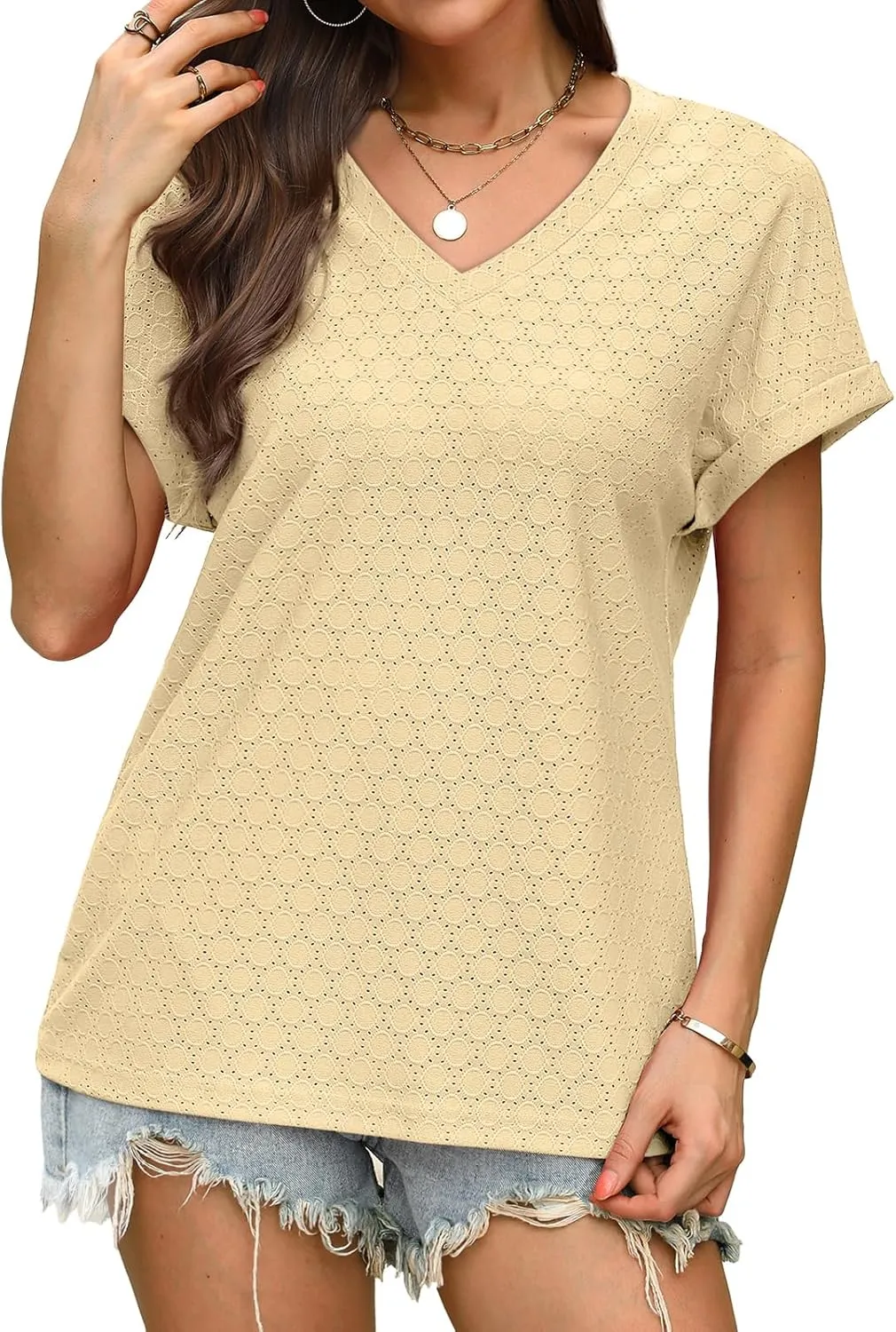 WIHOLL Womens Tops Short Sleeve Basic Summer V Neck T Shirts Dressy Casual Loose Fit Eyelet Tees Cute Flowy Fashion Outfits