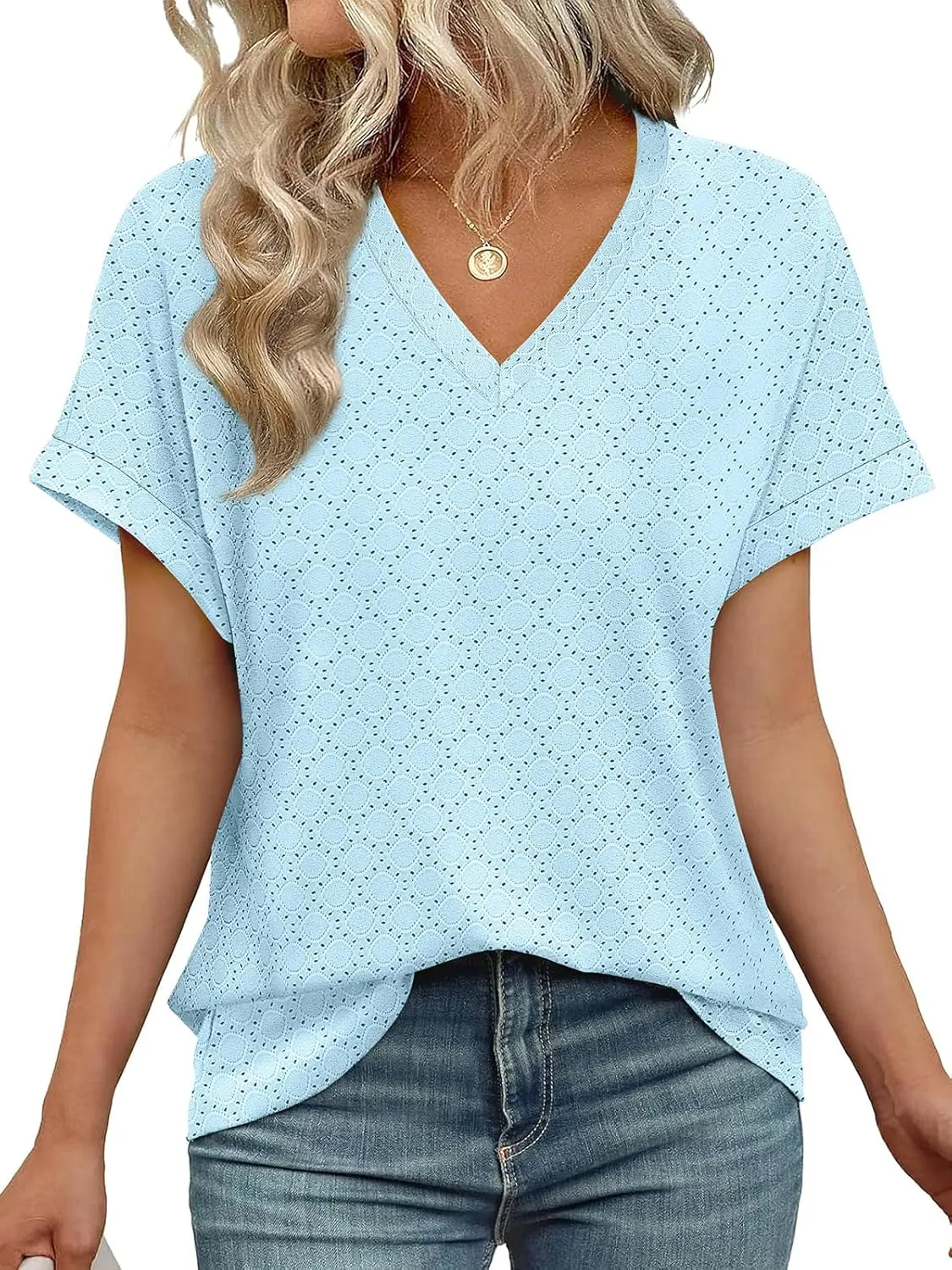 WIHOLL Womens Tops Short Sleeve Basic Summer V Neck T Shirts Dressy Casual Loose Fit Eyelet Tees Cute Flowy Fashion Outfits