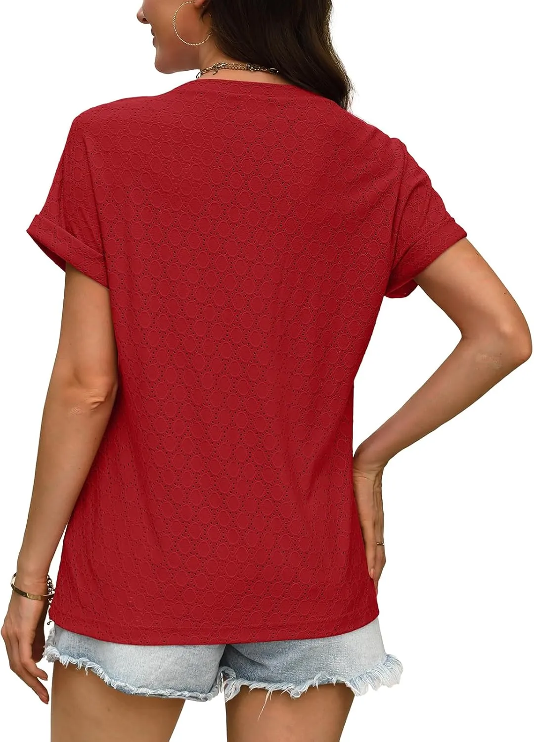 WIHOLL Womens Tops Short Sleeve Basic Summer V Neck T Shirts Dressy Casual Loose Fit Eyelet Tees Cute Flowy Fashion Outfits