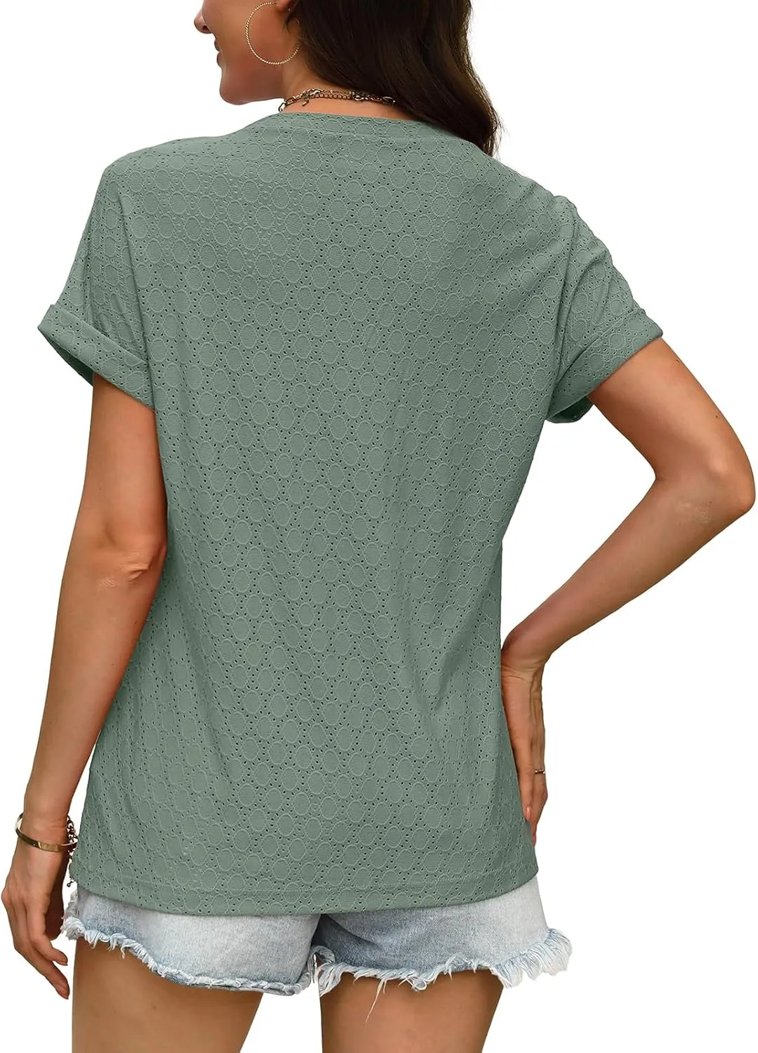 WIHOLL Womens Tops Short Sleeve Basic Summer V Neck T Shirts Dressy Casual Loose Fit Eyelet Tees Cute Flowy Fashion Outfits