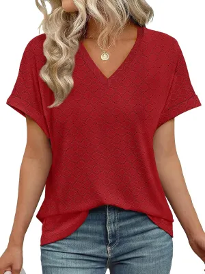WIHOLL Womens Tops Short Sleeve Basic Summer V Neck T Shirts Dressy Casual Loose Fit Eyelet Tees Cute Flowy Fashion Outfits