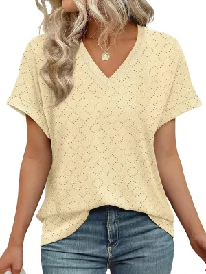 WIHOLL Womens Tops Short Sleeve Basic Summer V Neck T Shirts Dressy Casual Loose Fit Eyelet Tees Cute Flowy Fashion Outfits