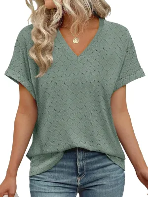 WIHOLL Womens Tops Short Sleeve Basic Summer V Neck T Shirts Dressy Casual Loose Fit Eyelet Tees Cute Flowy Fashion Outfits