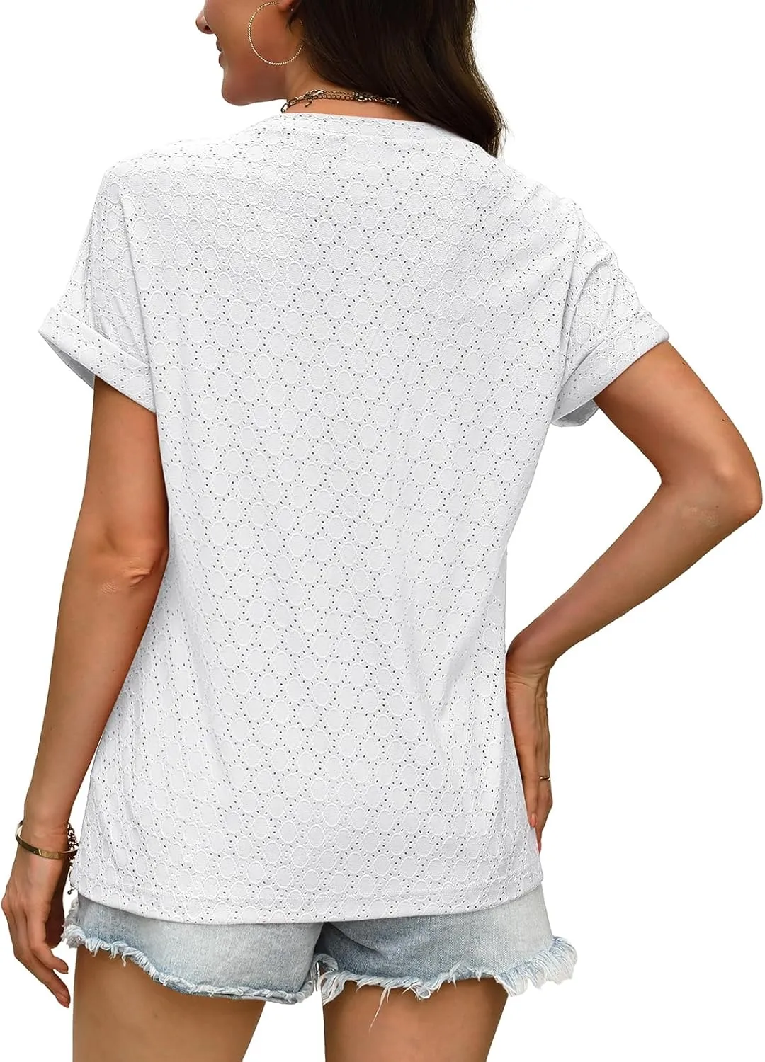WIHOLL Womens Tops Short Sleeve Basic Summer V Neck T Shirts Dressy Casual Loose Fit Eyelet Tees Cute Flowy Fashion Outfits