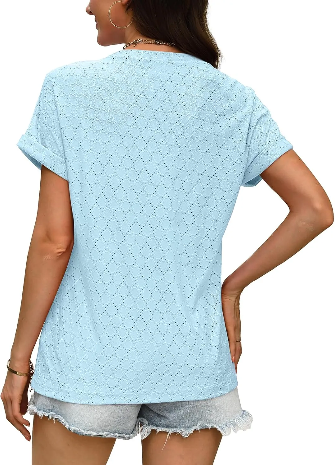 WIHOLL Womens Tops Short Sleeve Basic Summer V Neck T Shirts Dressy Casual Loose Fit Eyelet Tees Cute Flowy Fashion Outfits