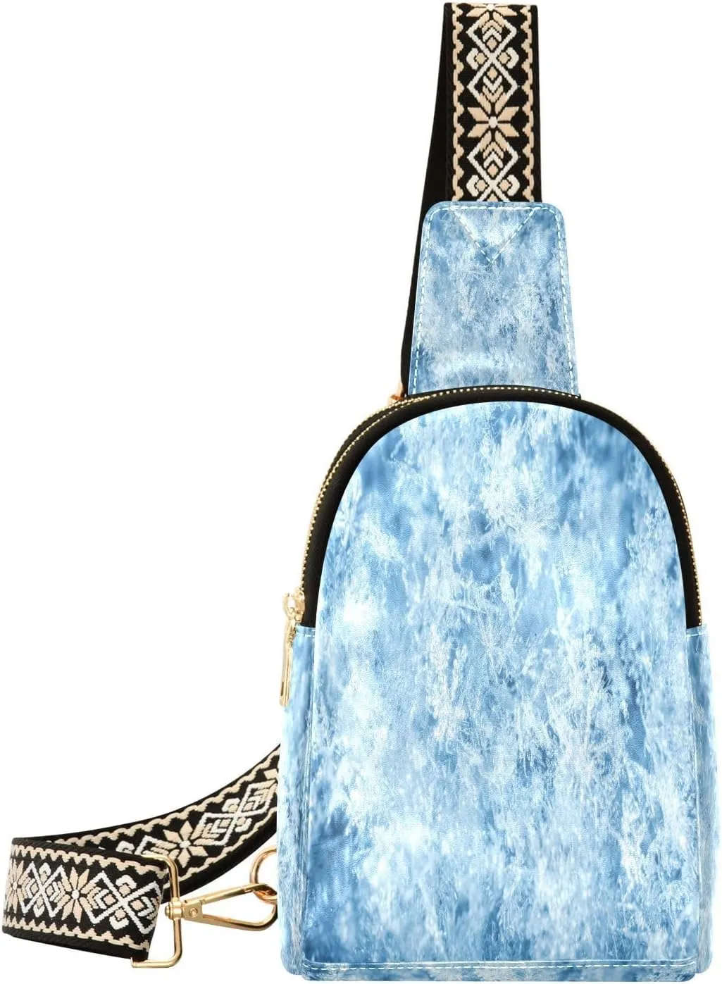 Winter Snowflakes Fanny Pack Crossbody PC Leather Small Sling Bag for Women Christmas Blue Fashion Waist Packs Chest Bag for Travel Sports Running Hiking