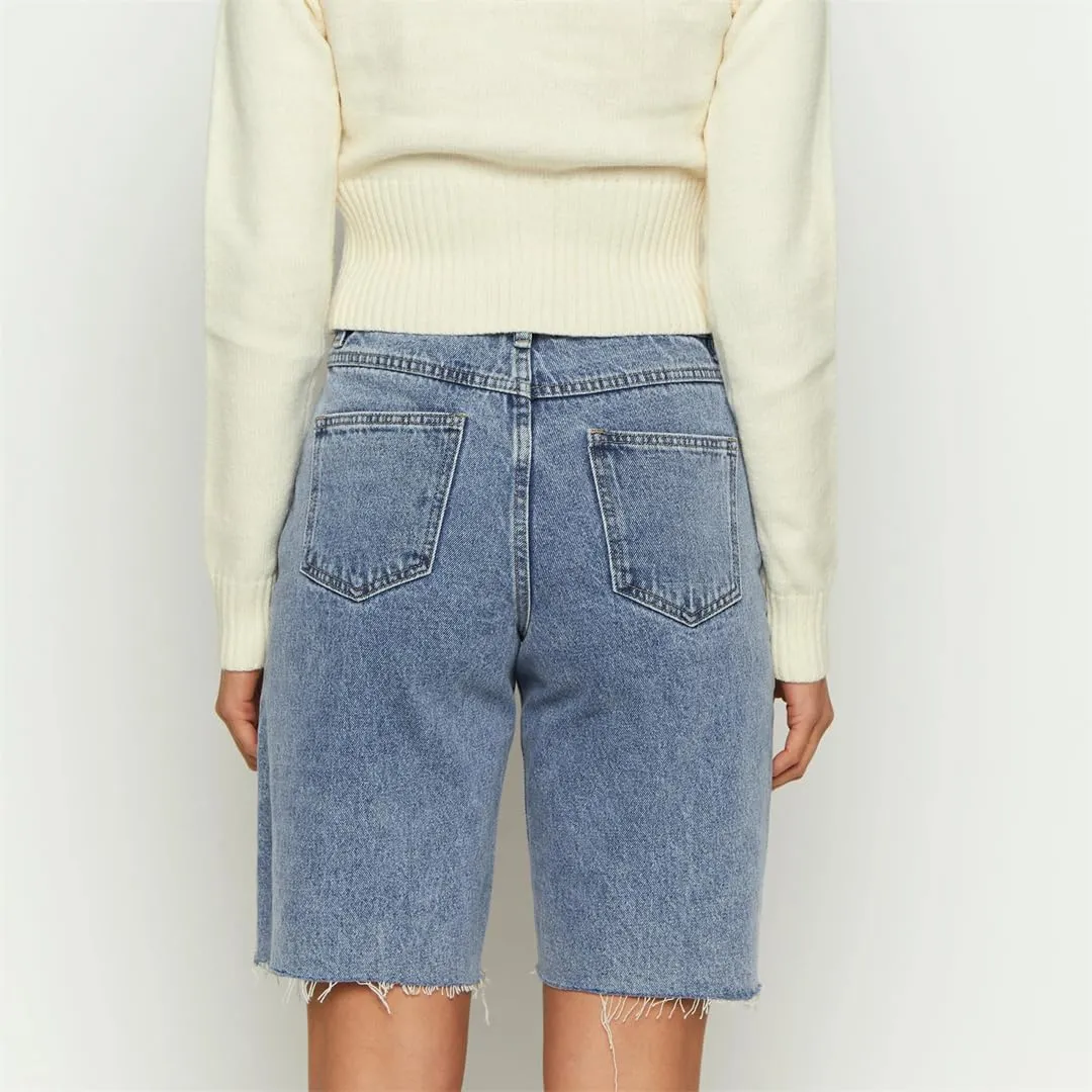 Women Baggy Retro High Waisted Raw Hem Carpenter Long Shorts Straight Leg Cropped Denim Pants
