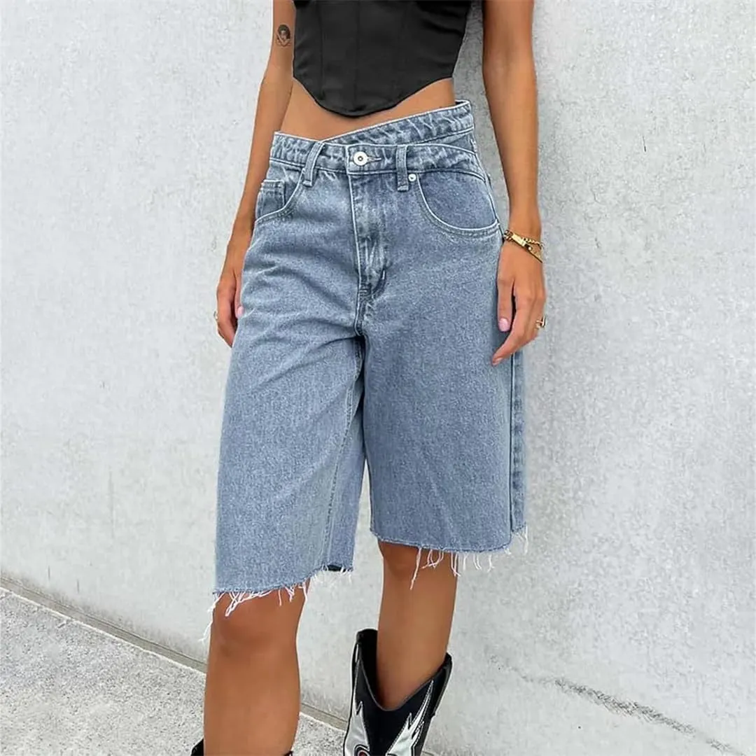 Women Baggy Retro High Waisted Raw Hem Carpenter Long Shorts Straight Leg Cropped Denim Pants