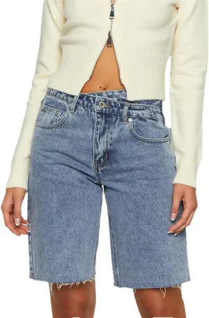 Women Baggy Retro High Waisted Raw Hem Carpenter Long Shorts Straight Leg Cropped Denim Pants