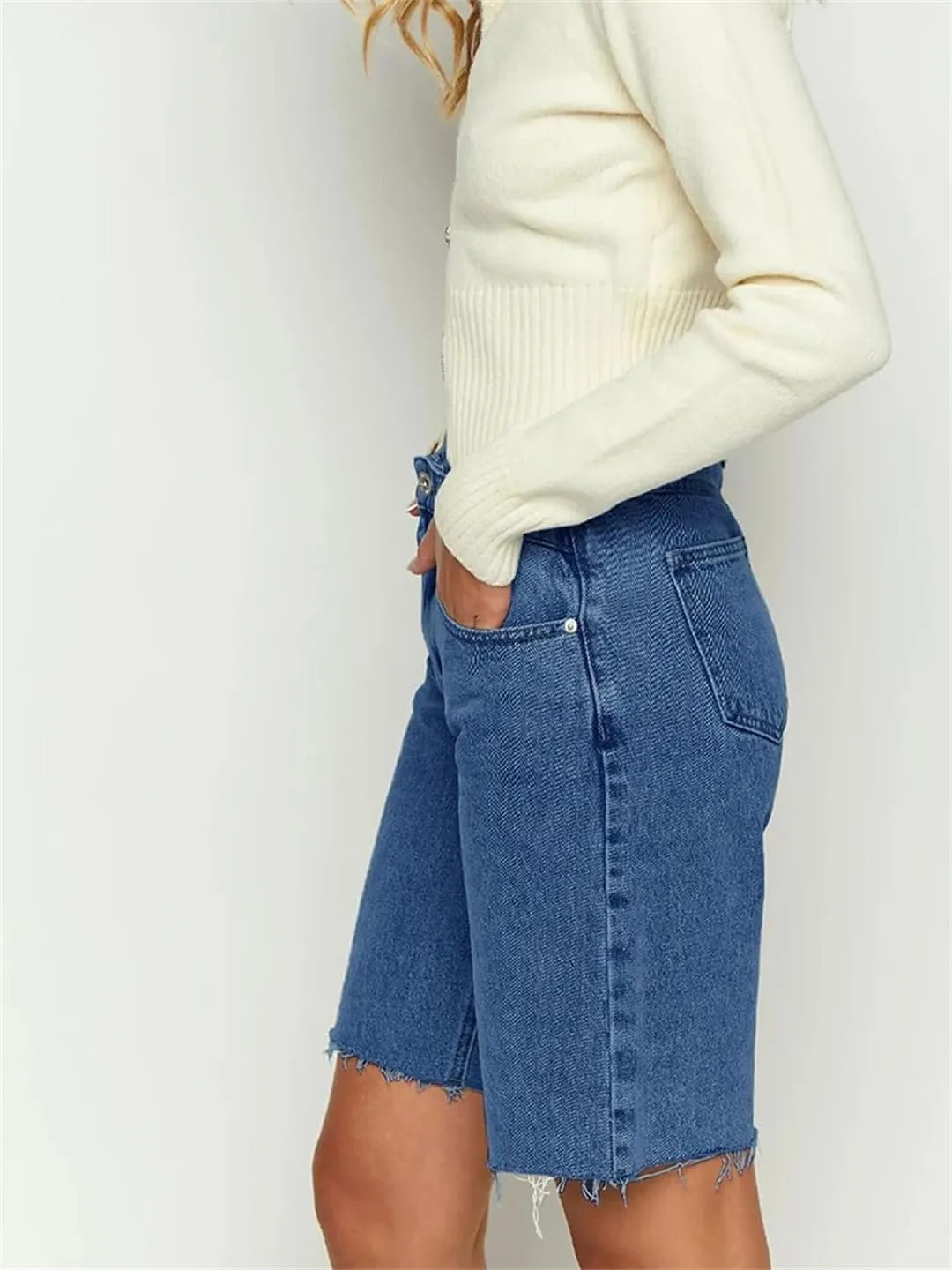 Women Baggy Retro High Waisted Raw Hem Carpenter Long Shorts Straight Leg Cropped Denim Pants