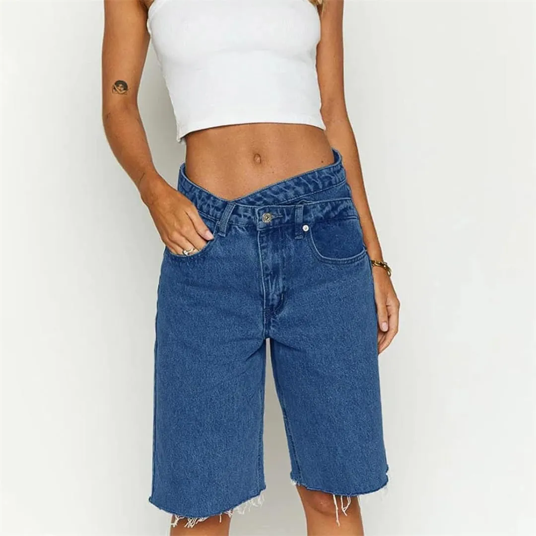 Women Baggy Retro High Waisted Raw Hem Carpenter Long Shorts Straight Leg Cropped Denim Pants
