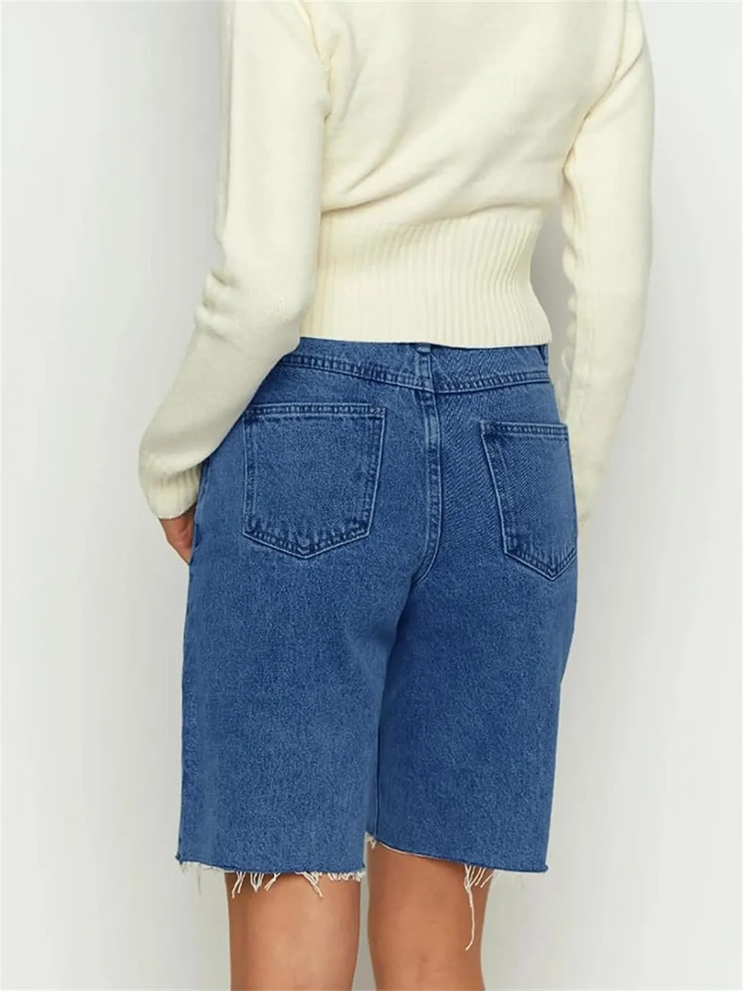 Women Baggy Retro High Waisted Raw Hem Carpenter Long Shorts Straight Leg Cropped Denim Pants
