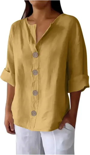 Women Boho Cotton Linen Tops Loose Fitting Summer Blouses 3/4 Sleeve V Neck Tunic Shirts Trendy Beach Clothing 2025