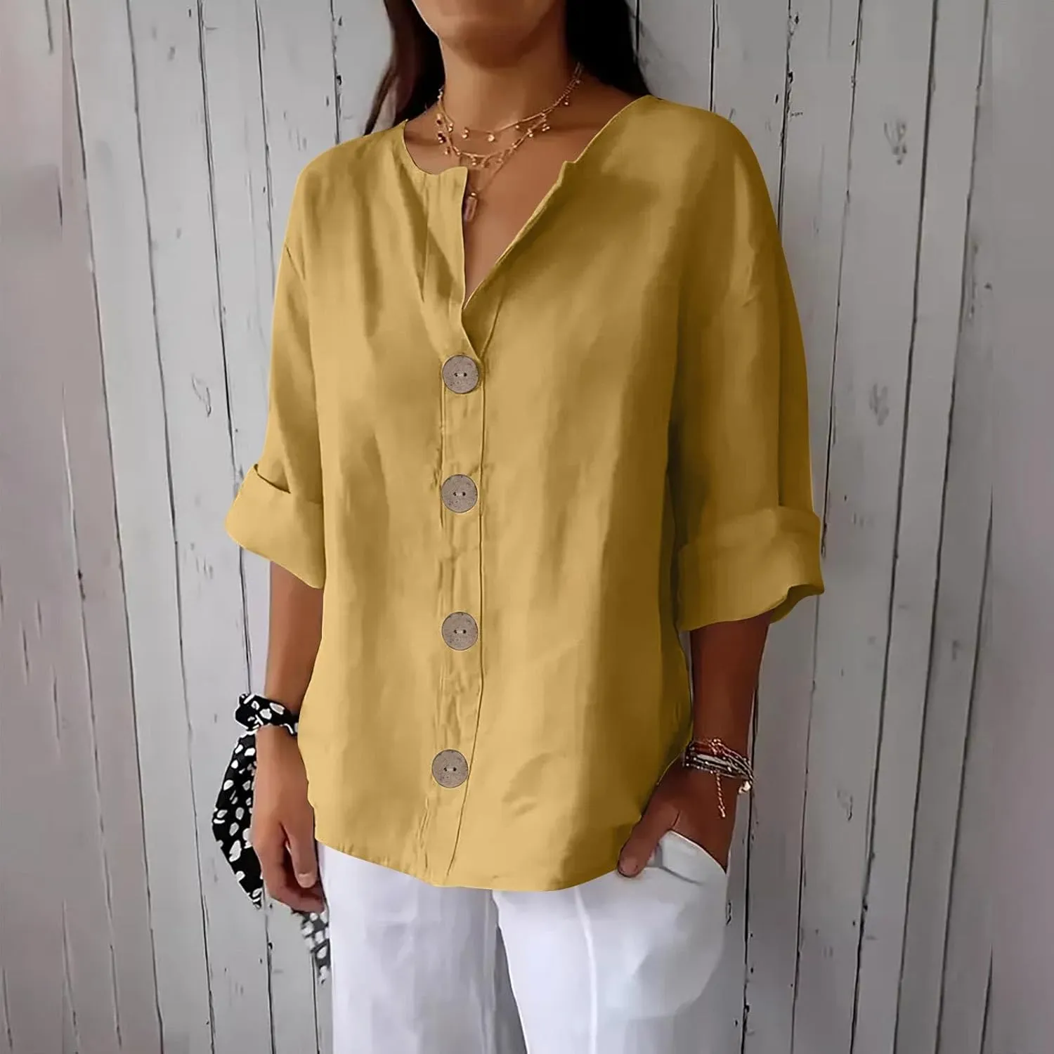 Women Boho Cotton Linen Tops Loose Fitting Summer Blouses 3/4 Sleeve V Neck Tunic Shirts Trendy Beach Clothing 2025