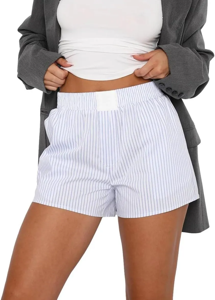 Women Boxer Shorts Striped Elastic Button Pajama Shorts Y2k Mid Waist Lounge Shorts Summer Beach Sleepwear