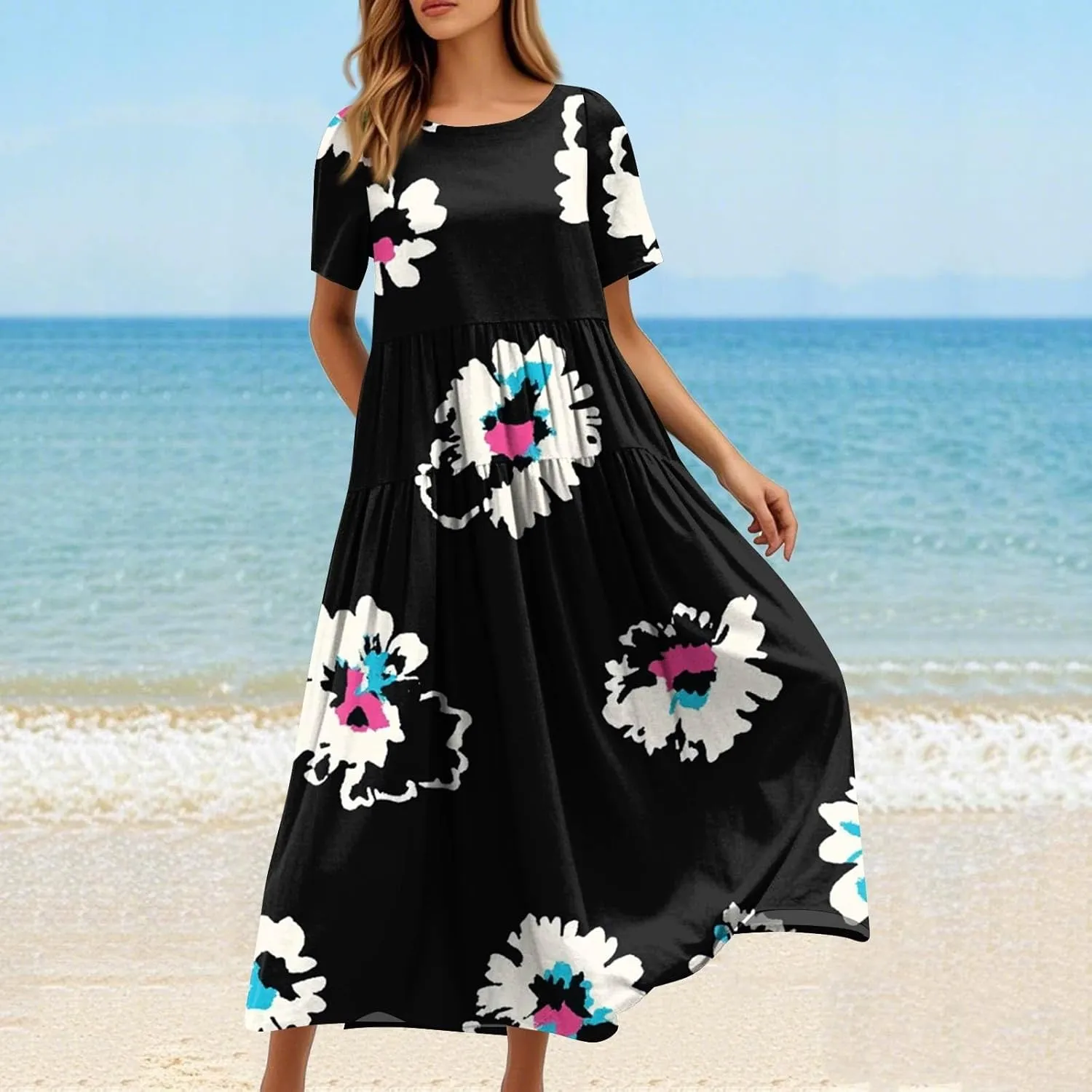 Women Casual Plus Size Loose Bohemian Flower Maternity Dress Short Sleeve Long Boho Maxi Spring Dress