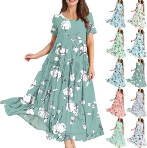 Women Casual Plus Size Loose Bohemian Flower Maternity Dress Short Sleeve Long Boho Maxi Spring Dress